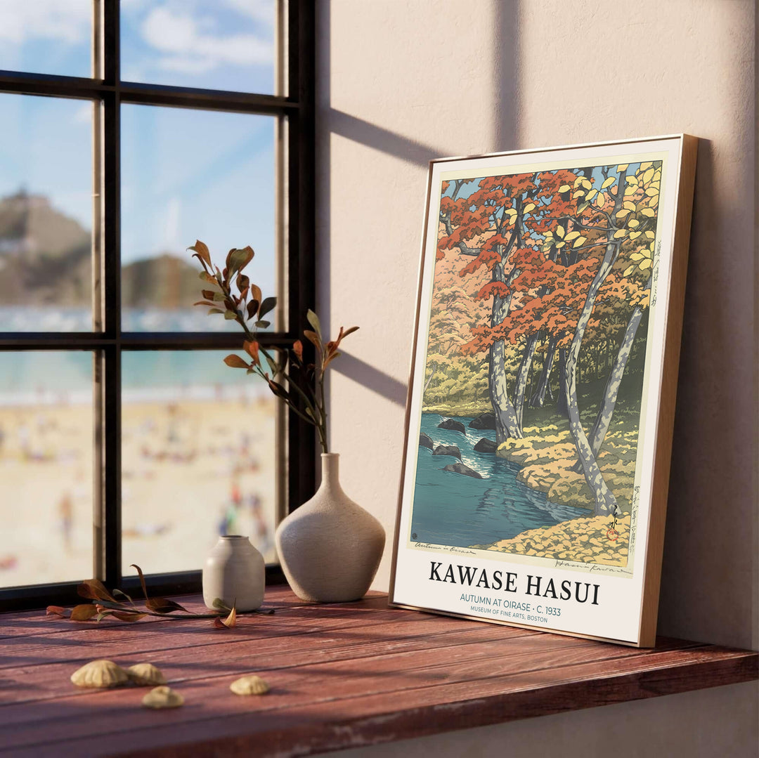 Serene Japanese nature print Autumn at Oirase by artist Kawase Hasui from 1933 foliage series at Oirase Mountain Stream for living room wall decor. Select framed, unframed poster, or gallery canvas choices at MapYourDreams.
