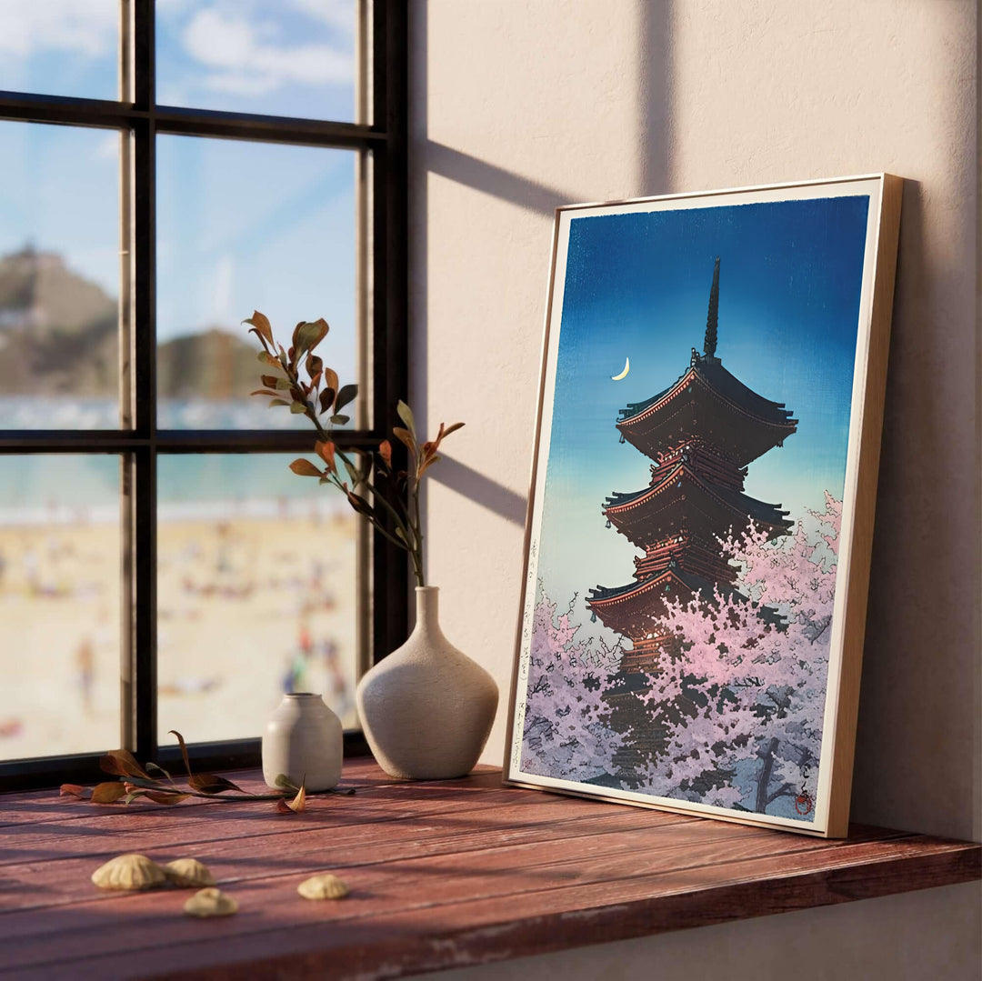 Serene Japanese twilight print Spring Evening Ueno by artist Kawase Hasui from 1948 Tokyo series at Spring Evening Ueno for bedroom wall decor. Select framed, unframed poster, or gallery canvas choices at MapYourDreams.