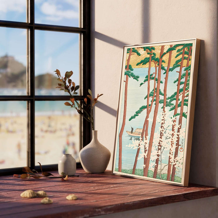Classic Shin-hanga landscape print Spring at Arashiyama Kyoto by artist Kawase Hasui depicting a boatman navigating pale aqua waters at Spring at Arashiyama Kyoto. MapYourDreams provides custom fine art framed, unframed, and canvas print formats.