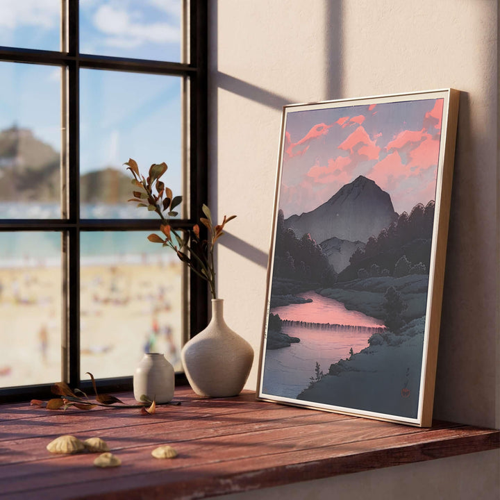 Serene Japanese mountain print Sunset at Oirase by artist Kawase Hasui from 1933 landscape series at Sunset at Oirase for bedroom wall decor. Select framed, unframed poster, or gallery canvas choices at MapYourDreams.