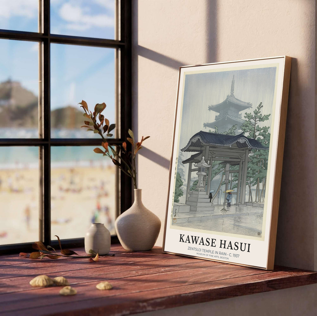Serene Japanese rain print Zentsuji Temple by artist Kawase Hasui from 1937 Kagawa series at Zentsuji Temple for hallway wall decor. Select framed, unframed poster, or gallery canvas choices at MapYourDreams.