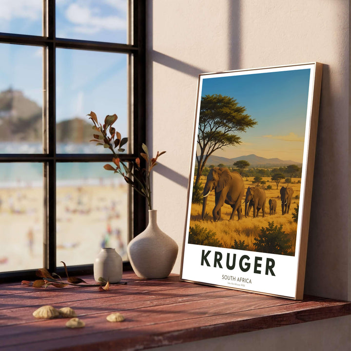 Retro style South Africa travel art displaying an elephant herd roaming through vast savanna fields in warm sunlight. Offered by MapYourDreams, this artwork is available in flexible options including unframed paper, custom wooden frames, and gallery canvas setups for living room decor.
