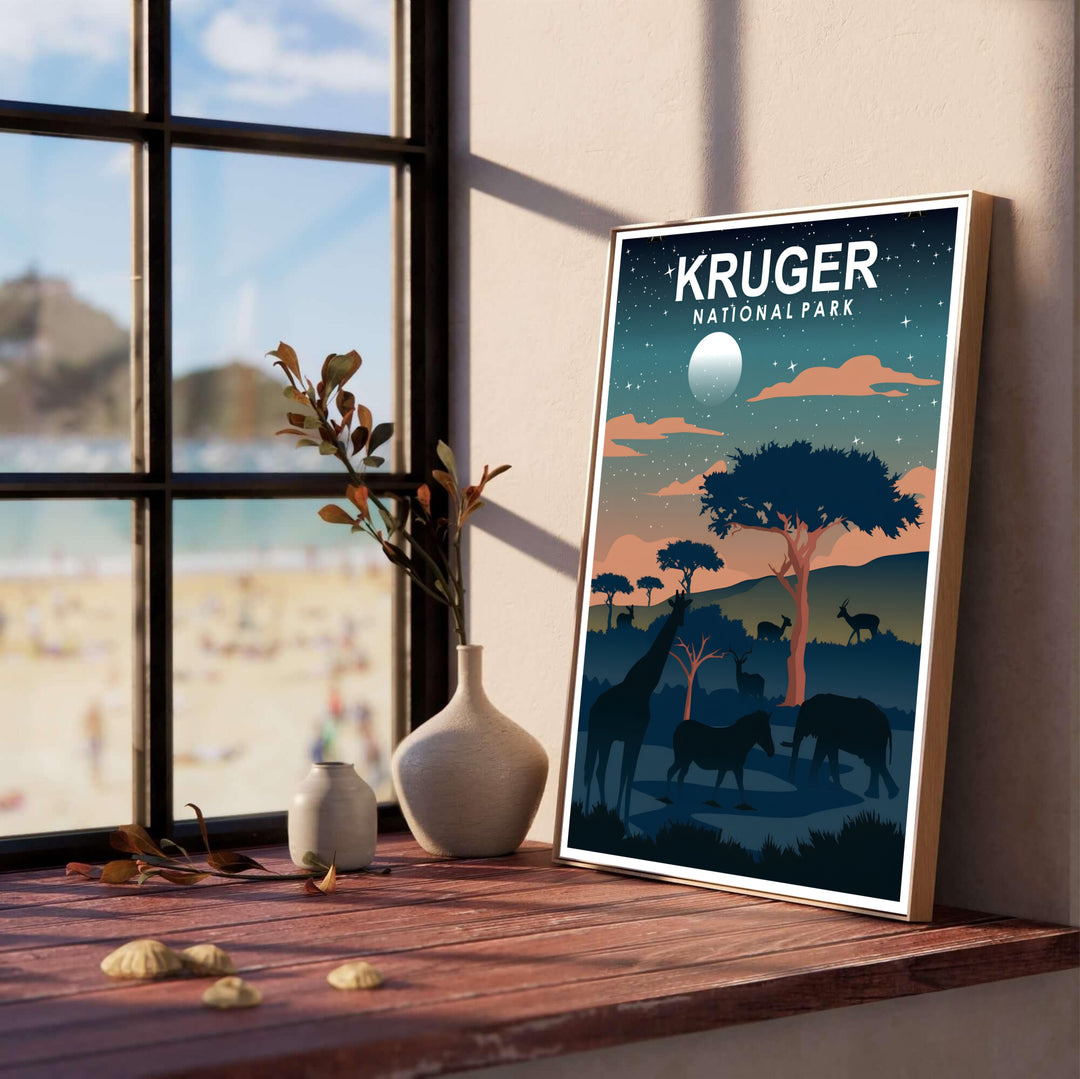 Starlit African savanna night poster with dark teal, indigo, and soft orange horizon tones, featuring moonlit wildlife silhouettes. Offered by MapYourDreams, this artwork is available in flexible options including unframed paper, custom wooden frames, and gallery canvas wraps for tailored home wall decor setups.