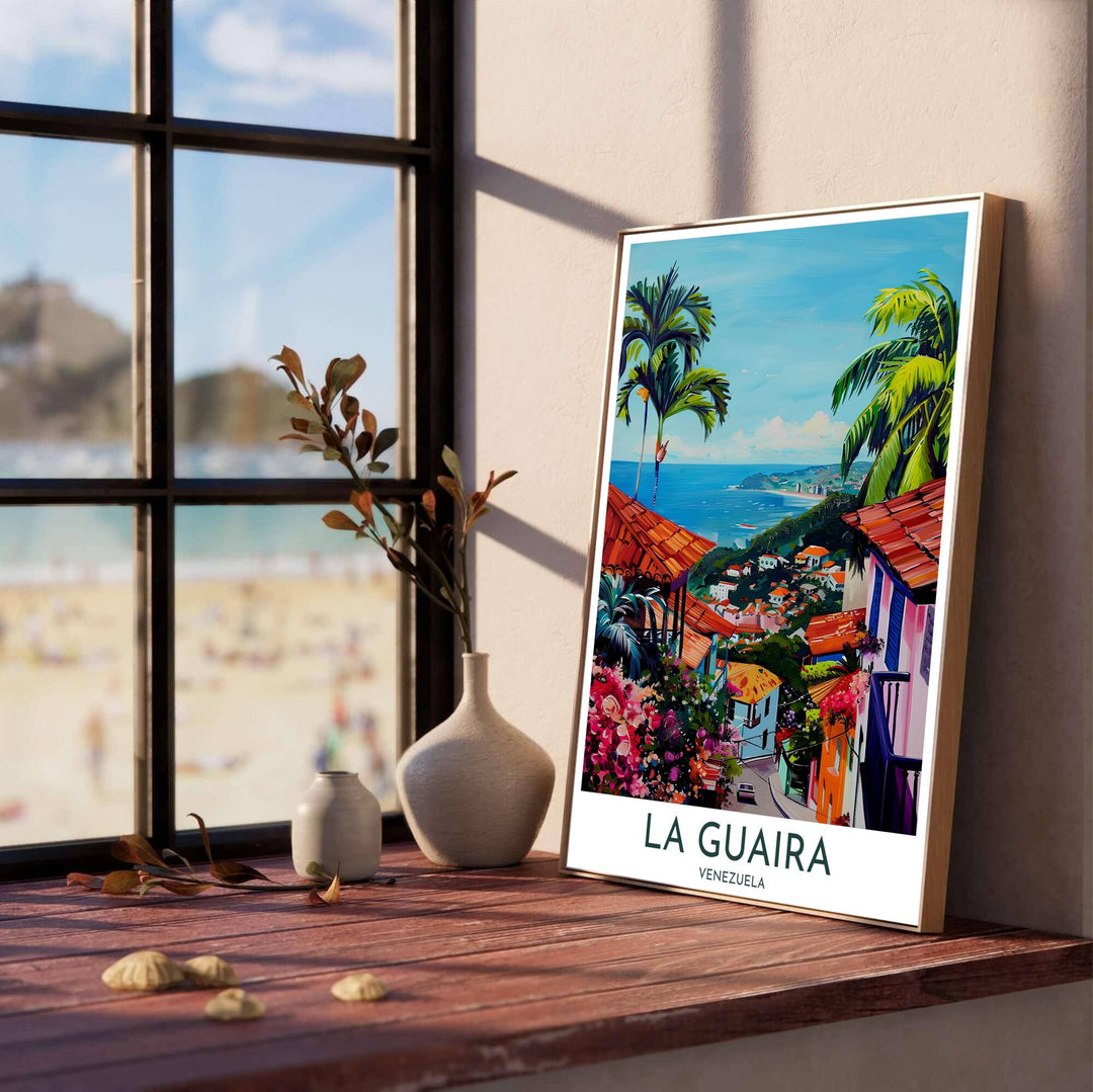 Scenic South American coastal landscape print illustrating a winding street leading to the azure waters of the Caribbean in Venezuela. Produced by MapYourDreams, you can order this design on fine art paper, mounted in protective frames, or as a canvas display.