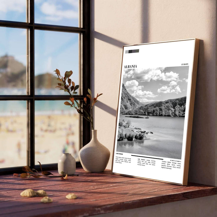 Steep emerald hillsides and serene alpine waters form an abstract monochrome pattern across this Lake Koman poster designed for contemporary interiors. Offered in versatile formats including unframed art paper, custom wood framing, and stretched canvas wraps to elevate your space.