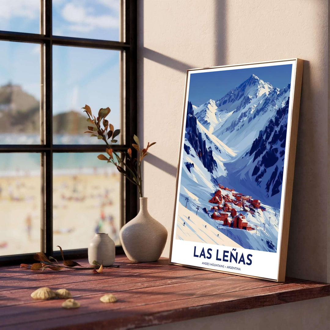 Alpine landscape print illustrating skiers carving down mountain trails beside red resort chalets in Las Leñas, Argentina. Produced by MapYourDreams, you can order this design on fine art paper, mounted in protective frames, or as a canvas display.