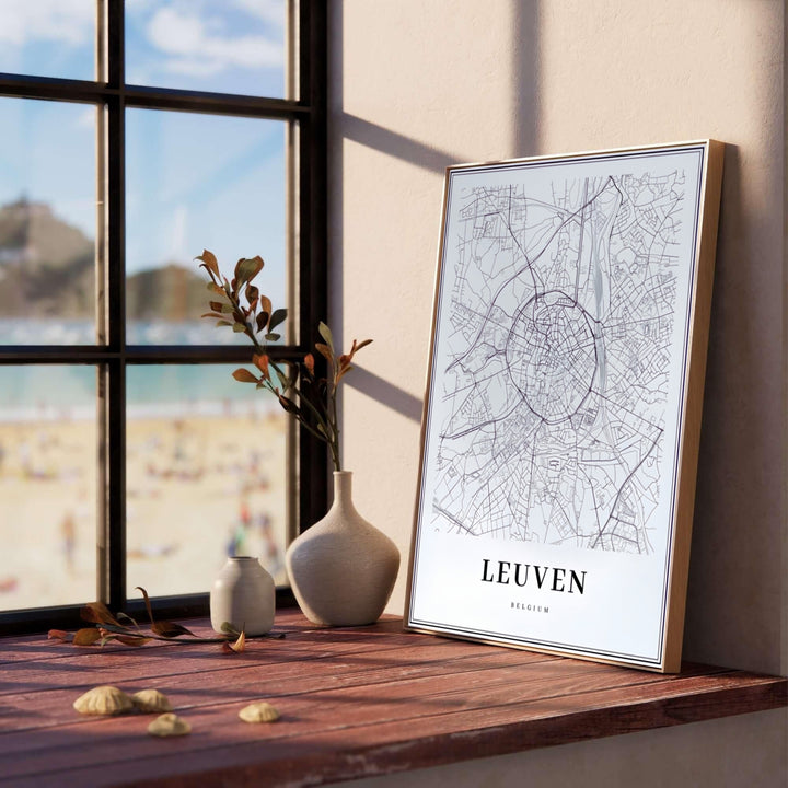 Vertical minimalist city map poster detailing the unique circular urban network of Leuven, Belgium. Offered by MapYourDreams, this artwork is available in flexible options including unframed paper, custom wooden frames, and gallery canvas wraps.