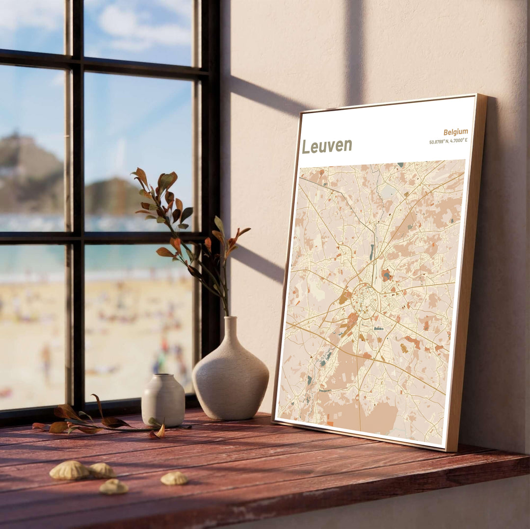 Vertical warm tone city map poster detailing the unique circular urban network of Leuven, Belgium. Offered by MapYourDreams, this artwork is available in flexible options including unframed paper, custom wooden frames, and gallery canvas wraps.