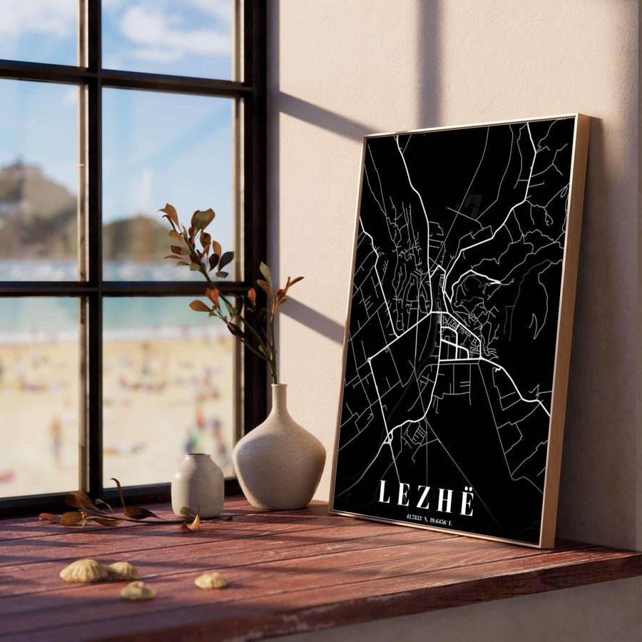 Intricate road lines and river basins form an artistic abstract map of Lezhë, Albania, perfect for modern offices or living rooms. Offered in versatile formats, including unframed art paper, custom wood framing, and stretched canvas wraps to elevate your space.