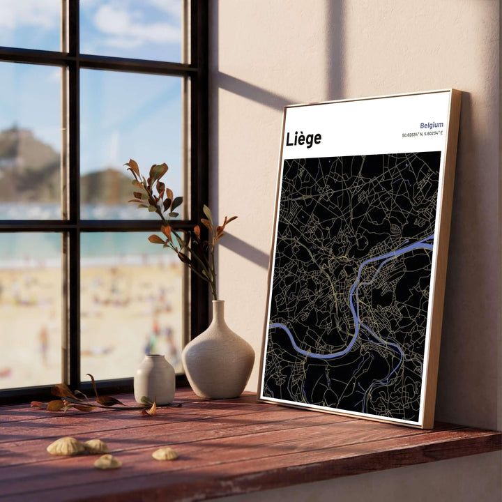 Vertical dark theme city map poster detailing the winding river and urban street network of Liège, Belgium. Offered by MapYourDreams, this artwork is available in flexible options including unframed paper, custom wooden frames, and gallery canvas wraps.