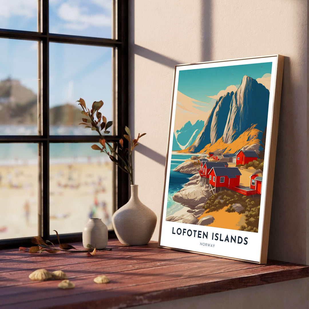Vibrant travel poster depicting the iconic coastal scenery of Lofoten Islands Norway with warm sunlight accents and majestic mountain heights. Produced by MapYourDreams, this nature artwork provides options such as sleek framed displays, unframed paper prints, and textured gallery wrapped canvas artwork.