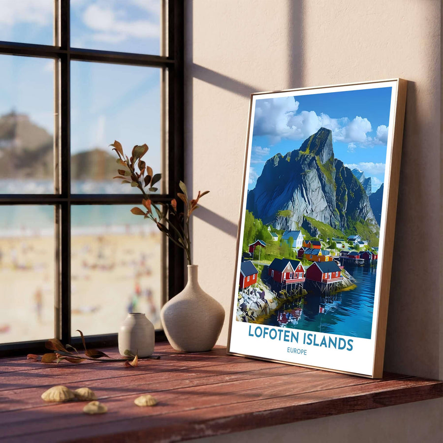 Vibrant cobalt blue and crimson red wall art print of Hamnoy village in the Lofoten archipelago under a bright summer sky with white clouds. Designed by MapYourDreams, this artwork is available in flexible options including unframed paper, custom wooden frames, and gallery canvas wraps for home wall art.