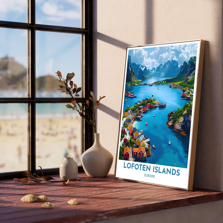 Vibrant turquoise water and red cabin wall art print of Henningsvaer village in the Lofoten archipelago under a bright summer sky. Designed by MapYourDreams, this artwork is available in flexible options including unframed paper, custom wooden frames, and gallery canvas wraps for home wall art.