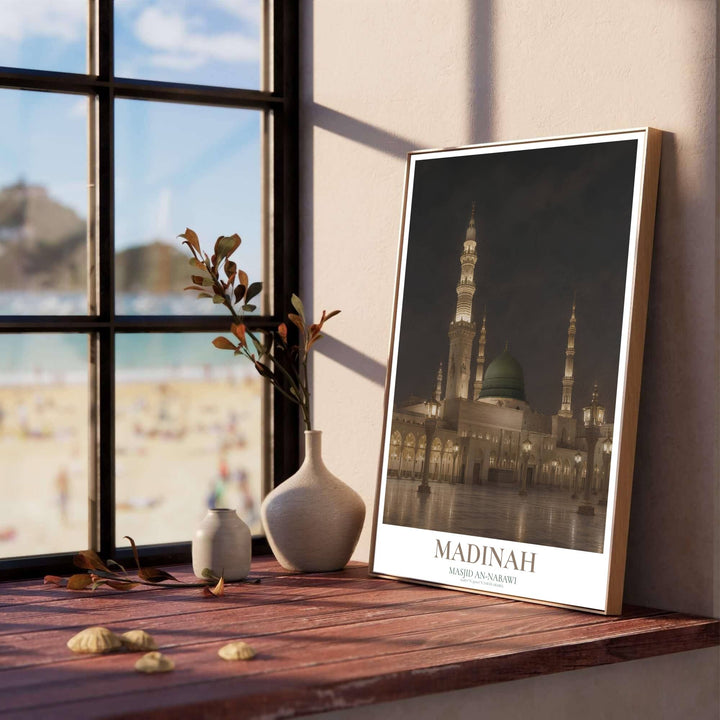 Nocturnal travel wall art print of the Prophet Mosque in Madinah Saudi Arabia with warm lantern glow set against a dark night sky. Designed by MapYourDreams, this artwork is available in flexible options including unframed paper, custom wooden frames, and gallery canvas wraps for home wall art.