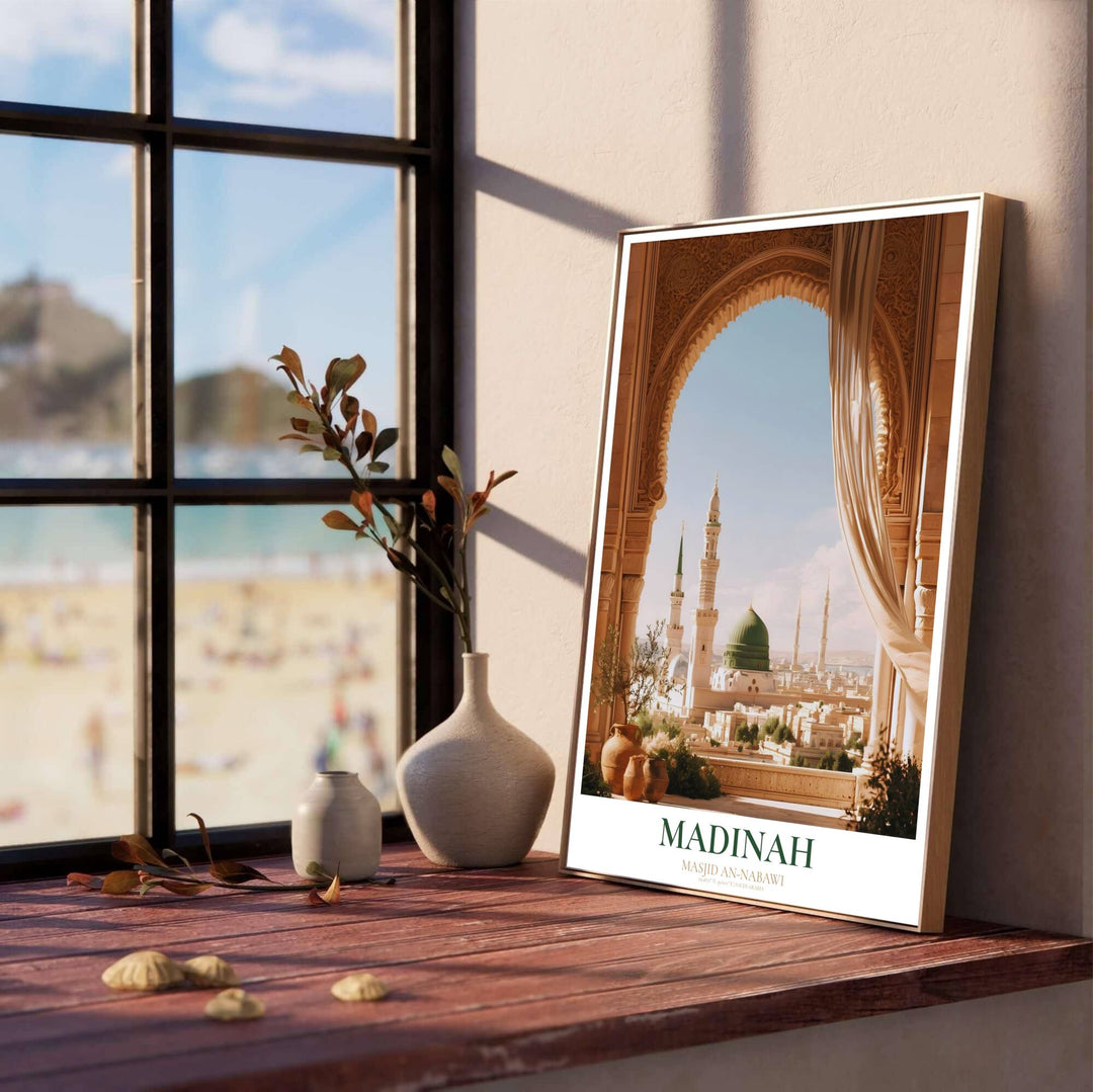 Scenic travel wall art print of the Prophet Mosque in Madinah Saudi Arabia with warm golden sunlight filtering through a balcony arch. Designed by MapYourDreams, this artwork is available in flexible options including unframed paper, custom wooden frames, and gallery canvas wraps for home wall art.