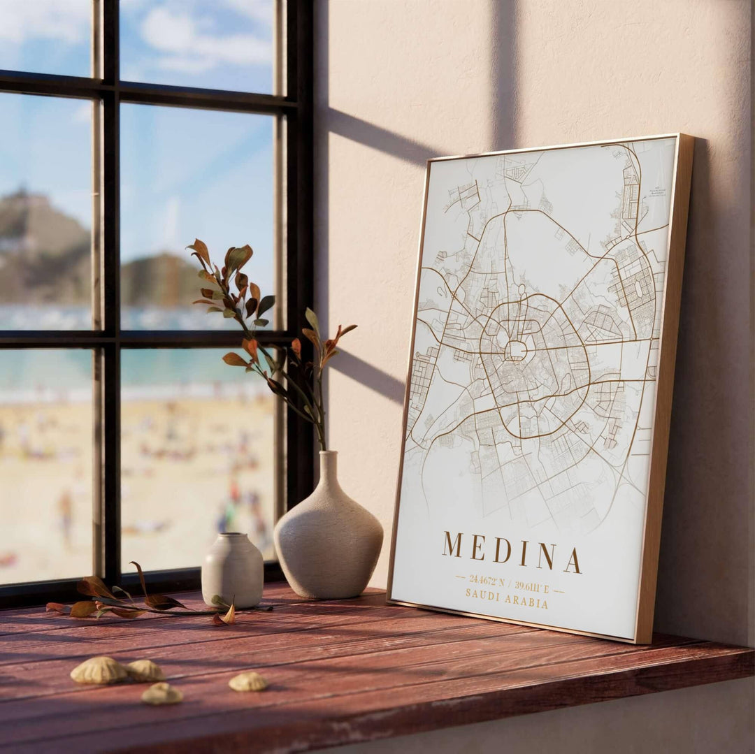 Minimalist bronze map wall art print of Medina Saudi Arabia highlighting the central district surrounding the Prophet&