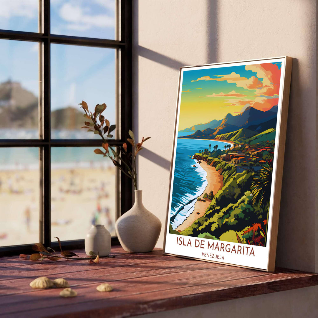 Scenic South American ocean art print illustrating golden sand dunes meeting foaming waves along the shore of Margarita Island. Produced by MapYourDreams, you can order this design on fine art paper, mounted in protective frames, or as a canvas display.