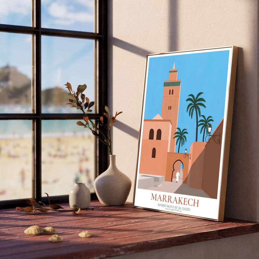 Timeless Moroccan travel wall art print of Kasbah Mosque featuring pink terracotta walls, keyhole arches, and clear azure sky. Designed by MapYourDreams, this artwork is available in flexible options including unframed paper, custom wooden frames, and gallery canvas wraps for home wall art.