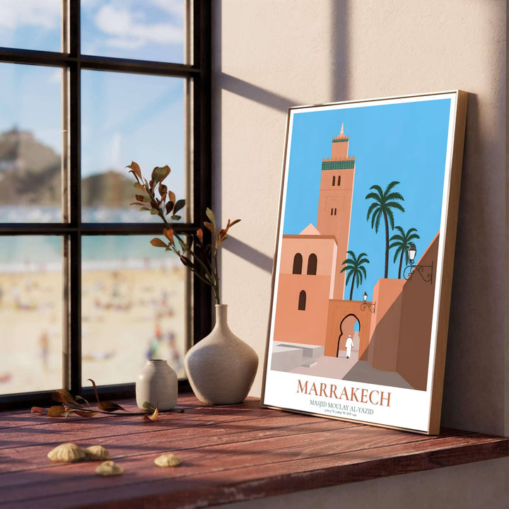 Timeless Moroccan travel wall art print of Kasbah Mosque featuring pink terracotta walls, keyhole arches, and clear azure sky. Designed by MapYourDreams, this artwork is available in flexible options including unframed paper, custom wooden frames, and gallery canvas wraps for home wall art.