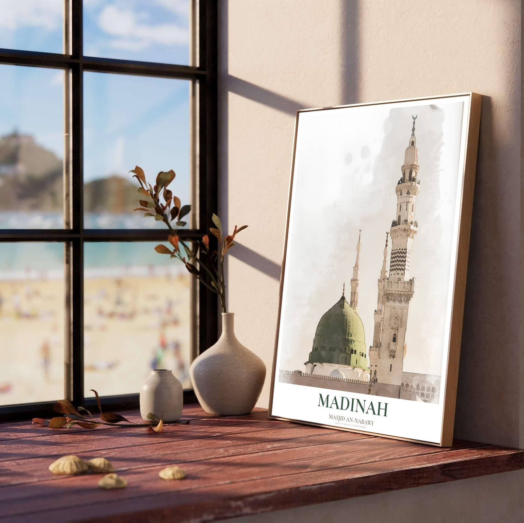 Minimalist watercolor travel wall art print of the Prophet Mosque in Medina Saudi Arabia with soft emerald green and warm sand tones. Designed by MapYourDreams, this artwork is available in flexible options including unframed paper, custom wooden frames, and gallery canvas wraps for home wall art.