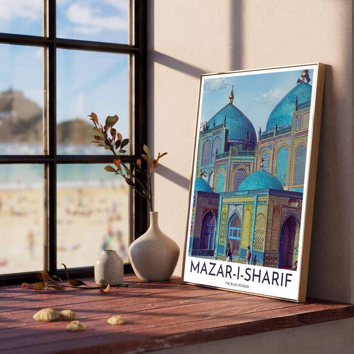 Timeless Afghan travel wall art print of the Blue Mosque in Mazar-i-Sharif displaying lapis lazuli tile patterns and a clear cerulean sky. Designed by MapYourDreams, this artwork is available in flexible options including unframed paper, custom wooden frames, and gallery canvas wraps for home wall art.