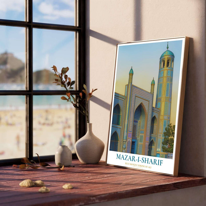Fine art poster depicting the Mazar-i-Sharif Blue Mosque facade with lapis lazuli mosaic tiles and elegant cartographic typography. Produced by MapYourDreams, this artwork is available in flexible options including unframed paper, custom wooden frames, and gallery canvas wraps for office wall decor.