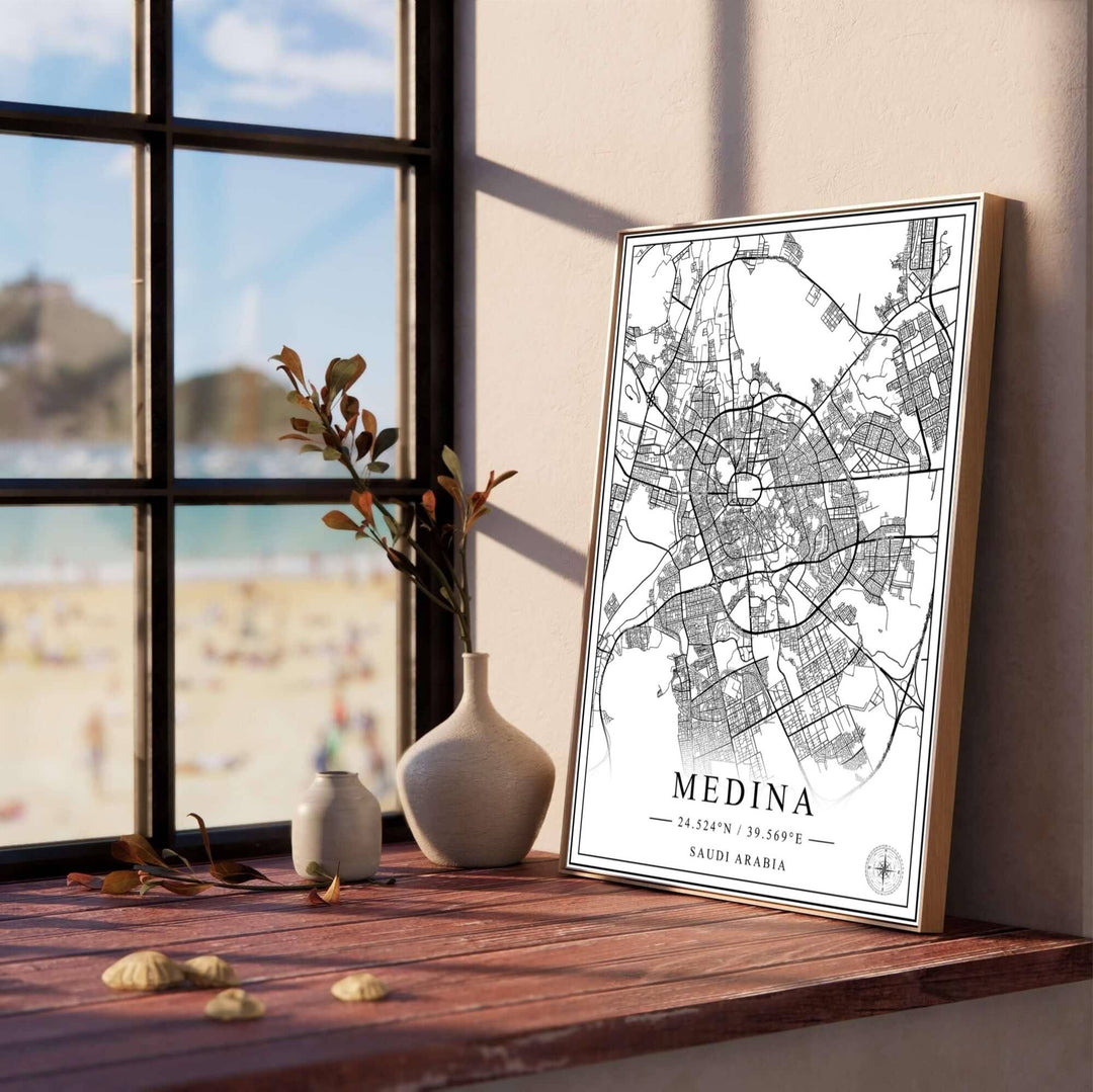 Minimalist black line map wall art print of Medina Saudi Arabia highlighting the central district surrounding the Prophet&