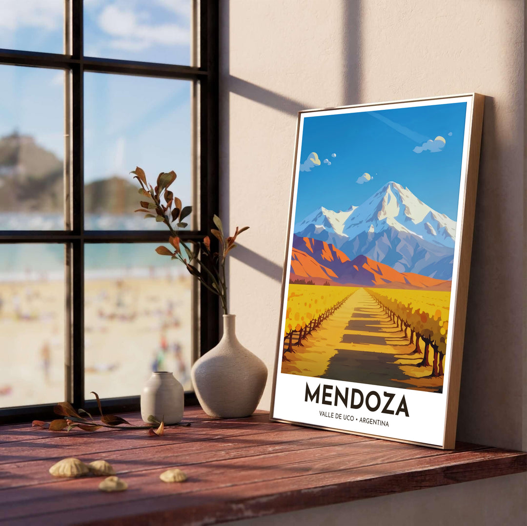 Scenic wine country print illustrating the autumn colors of a Mendoza vineyard with the Andes mountain range in the background. Produced by MapYourDreams, you can order this design on fine art paper, mounted in protective frames, or as a canvas display.