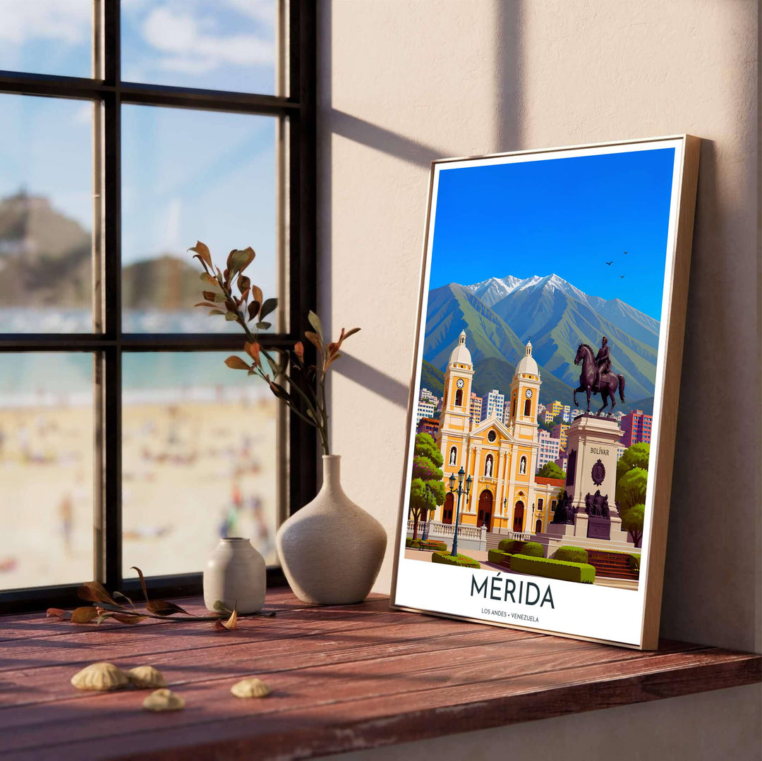 Venezuelan mountain city poster depicting yellow cathedral facades, plaza gardens, and the Sierra Nevada de Mérida mountain range. Created by MapYourDreams, this artwork is adaptable for any interior in unframed prints, solid wooden frames, or gallery canvas wraps.