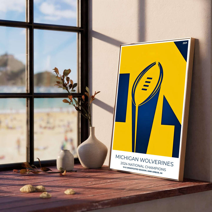 Vibrant Maize and Navy blue sports art print commemorating the Michigan Wolverines 2024 football national title victory. Designed by MapYourDreams, this artwork is available in flexible options including unframed paper, custom wooden frames, and gallery canvas wraps for home wall art.