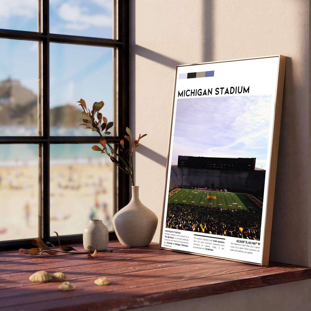 Informative sports wall art print of Michigan Stadium with maize yellow and navy swatches and historic text grid. Presented by MapYourDreams, this artwork is available in flexible options including unframed paper, custom wooden frames, and gallery canvas wraps for living room art.