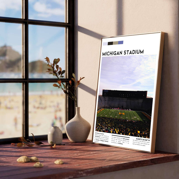 Informative sports wall art print of Michigan Stadium with maize yellow and navy swatches and historic text grid. Presented by MapYourDreams, this artwork is available in flexible options including unframed paper, custom wooden frames, and gallery canvas wraps for living room art.