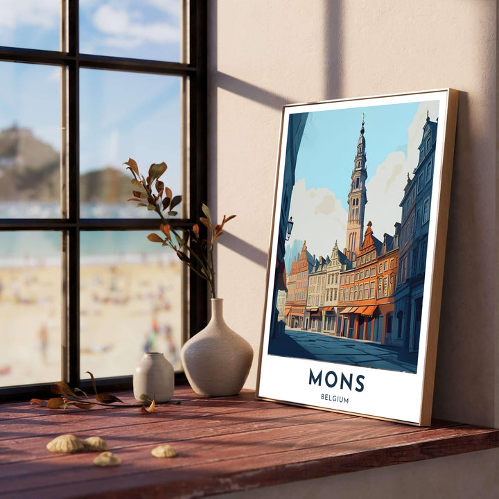 Vertical retro travel poster featuring historic Flemish brick architecture and the iconic belfry spire in Mons, Belgium. Offered by MapYourDreams, this artwork is available in flexible options including unframed paper, custom wooden frames, and gallery canvas wraps.