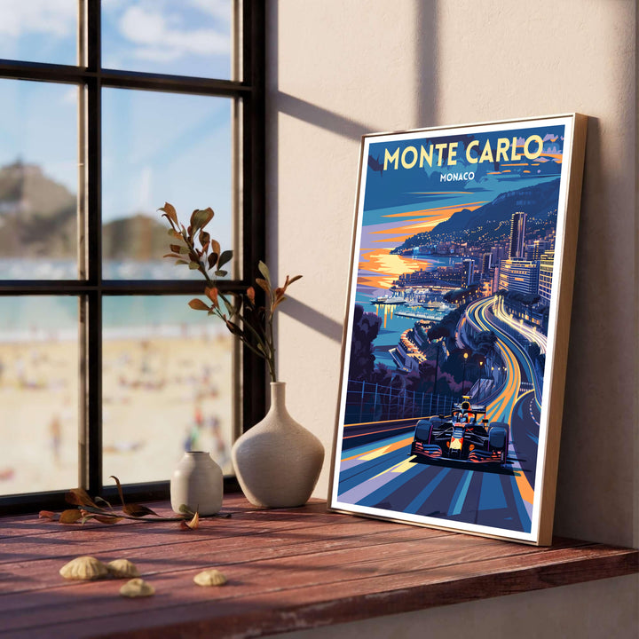 High-speed motorsport wall art showing a Formula race car on the Monte Carlo circuit in Monaco, featuring glowing streetlights, modern high-rise architecture, and vivid sunset rays across the sky; available to order as a framed, unframed, or stretched canvas print.