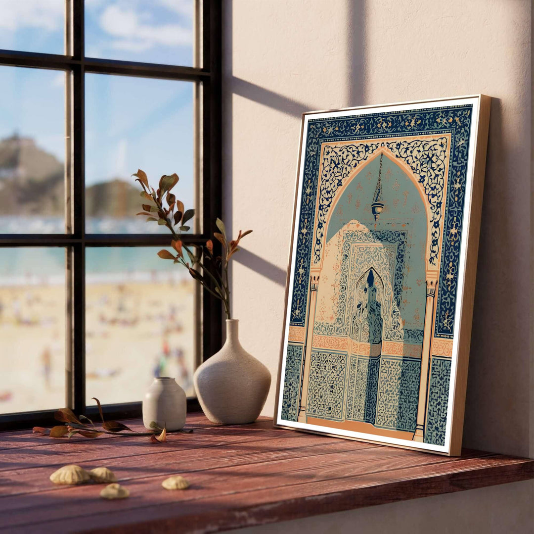Vibrant cobalt blue and terracotta peach travel wall art print of an Alhambra courtyard archway in Granada Spain. Designed by MapYourDreams, this artwork is available in flexible options including unframed paper, custom wooden frames, and gallery canvas wraps for home wall art.
