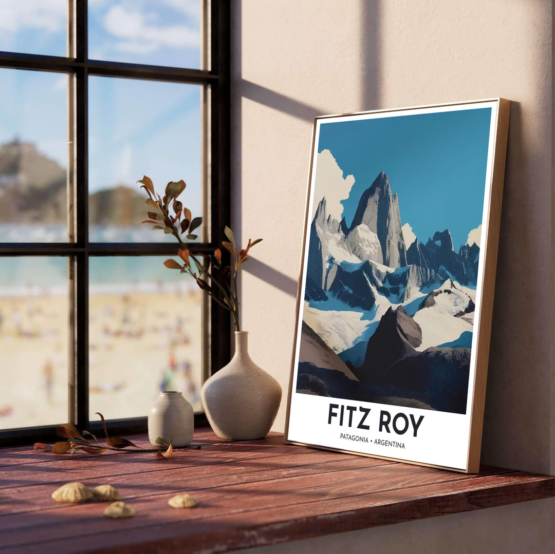 Vector style mountain print illustrating the iconic granite spires and ice fields of Mount Fitz Roy in Argentine Patagonia. Produced by MapYourDreams, you can order this design on fine art paper, mounted in protective frames, or as a canvas display.