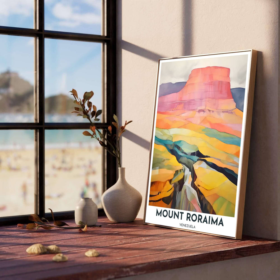 Colorful geometric mountain landscape poster depicting coral pink cliffs and deep blue river gorges in South America. Created by MapYourDreams, this artwork is adaptable for any interior in unframed prints, solid wooden frames, or gallery canvas wraps.