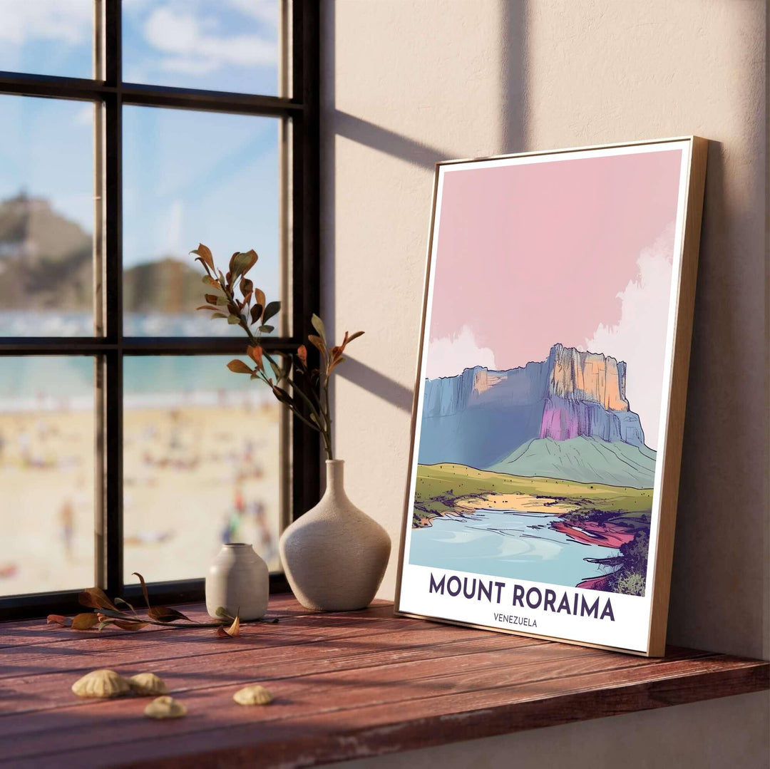 Serene pastel nature art print illustrating the flat-topped sandstone tepui mountain under a blush pink and lavender sky. Produced by MapYourDreams, you can order this design on fine art paper, mounted in protective frames, or as a canvas display.