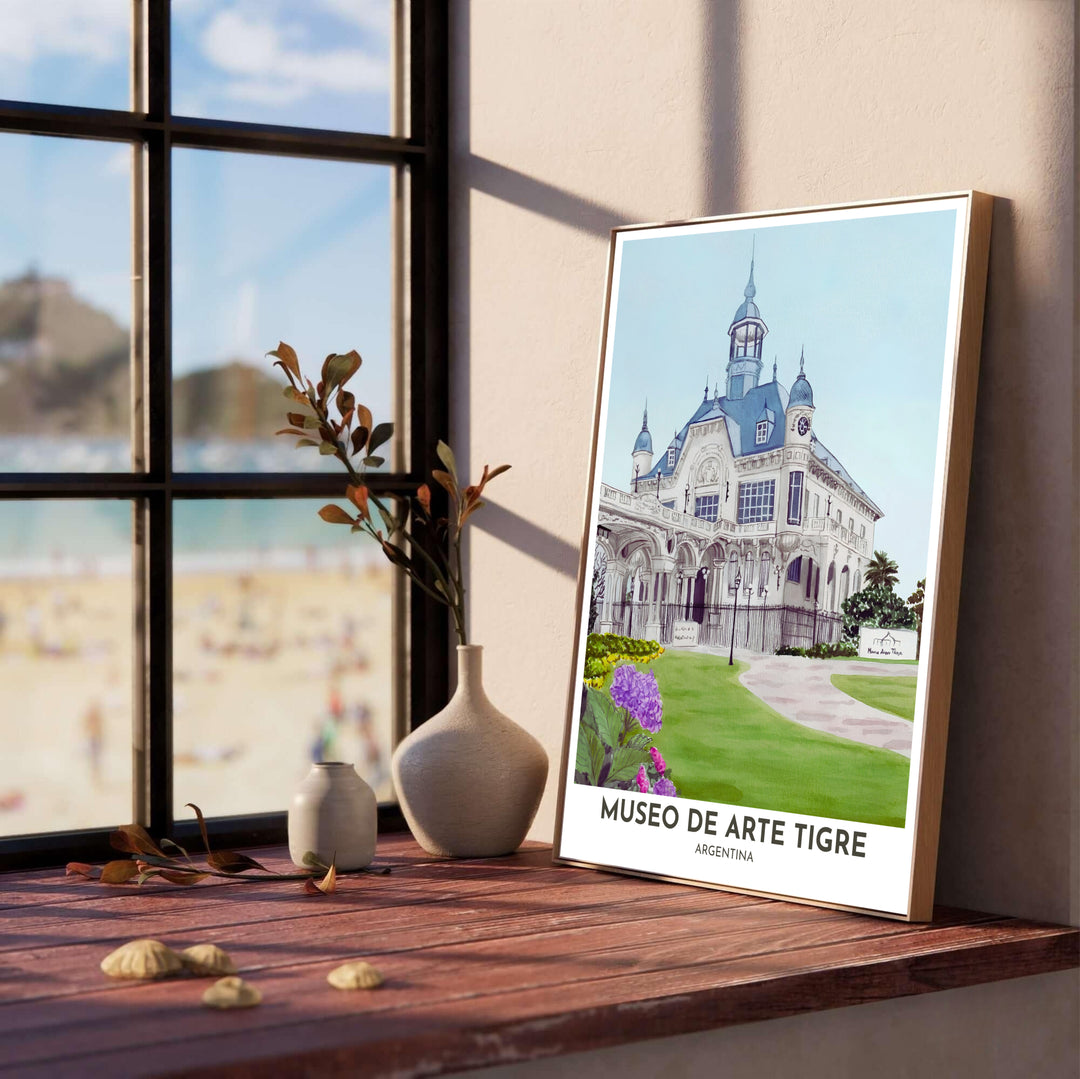 Scenic garden estate art print depicting the grand mansion facade of Museo de Arte Tigre with purple and magenta hydrangea flower beds. Produced by MapYourDreams, you can order this design on fine art paper, mounted in protective frames, or as a canvas display.