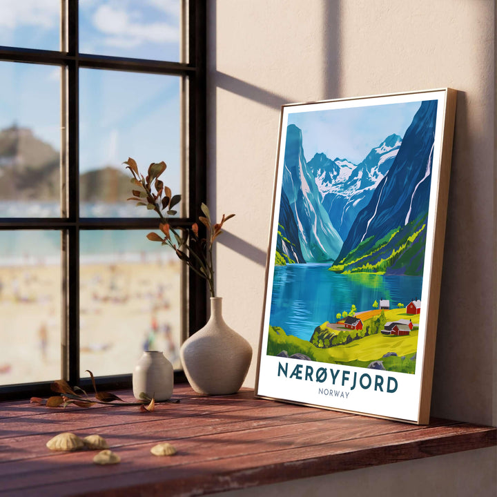 Modern vector print of Nærøyfjord Norway highlighting steep mountain valleys and rustic red cabins overlooking deep blue waters. Produced by MapYourDreams, this landscape artwork provides versatile presentation options such as sleek framed displays, unframed paper prints, and textured gallery wrapped canvas artwork.