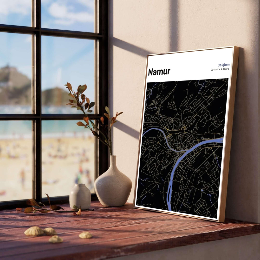 Luminous gold and periwinkle blue line vector map poster of Namur, Belgium, framed in deep obsidian black for modern interior wall decoration. Offered by MapYourDreams, this artwork is available in flexible options including unframed paper, custom wooden frames, and gallery canvas wraps.