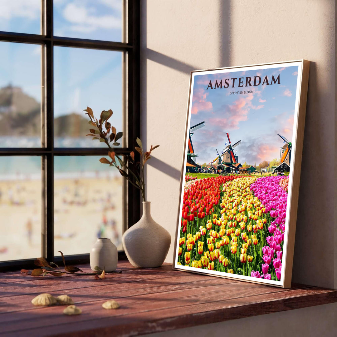 Scenic Dutch spring print displaying red and yellow tulips leading toward traditional windmills under a sunset sky in the Netherlands, produced by MapYourDreams with catalog options spanning unframed paper posters, ready-to-hang gallery canvas, and custom frame options in black, white, and wood.
