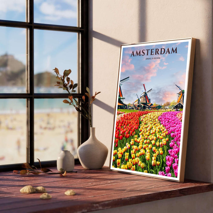 Scenic Dutch spring print displaying red and yellow tulips leading toward traditional windmills under a sunset sky in the Netherlands, produced by MapYourDreams with catalog options spanning unframed paper posters, ready-to-hang gallery canvas, and custom frame options in black, white, and wood.