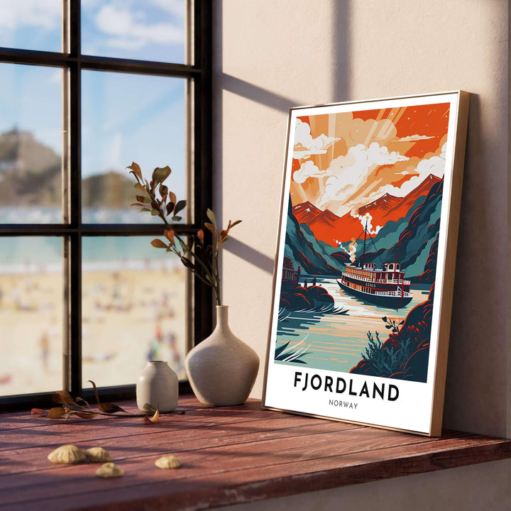 Dramatic sunset mountain landscape print of Fjordland Norway showing a classic steamship leaving smoke trails on pristine waters. Enhance your office space layout with this decor piece, available in custom wood framed styles, gallery quality stretched canvas panels, and unframed poster paper options.