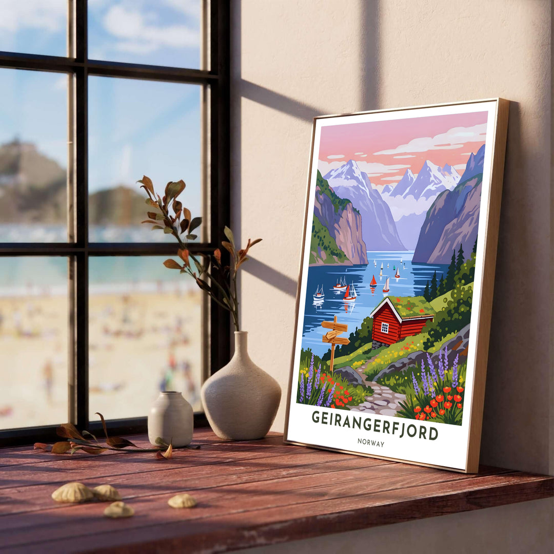 Charming travel print illustrating a Norwegian fjord village at Geirangerfjord with blooming purple flowers, mountain cliffs, and a pink sky. Produced by MapYourDreams, this landscape decor provides flexible choices such as sleek framed displays, unframed paper prints, and textured gallery wrapped canvas artwork.