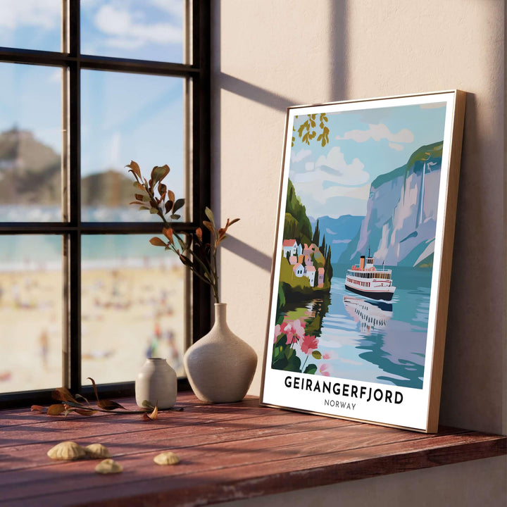 Retro coastal poster of Geirangerfjord in Norway featuring a white transit boat, hillside hamlet houses, and delicate shoreline blossoms. Designed for travel lovers, this wall decor selection comes in unframed paper prints, custom wood framed setups, and gallery wrapped canvas options.