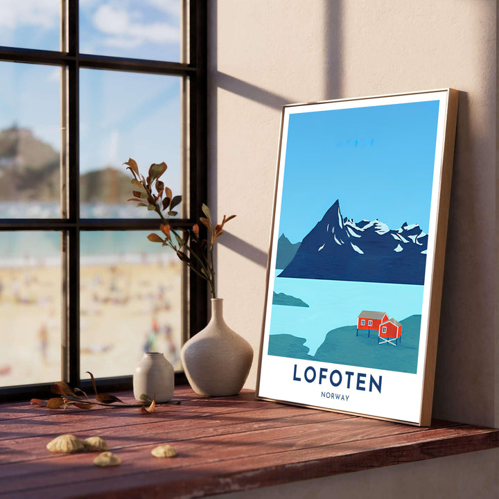 Graphic landscape illustration of Lofoten Norway showcasing red rorbuer cottages overlooking serene turquoise coastal waters and sharp mountain rock faces. Produced by MapYourDreams, this versatile print offers lightweight unframed paper options, solid wood framed designs, and stretched canvas displays.