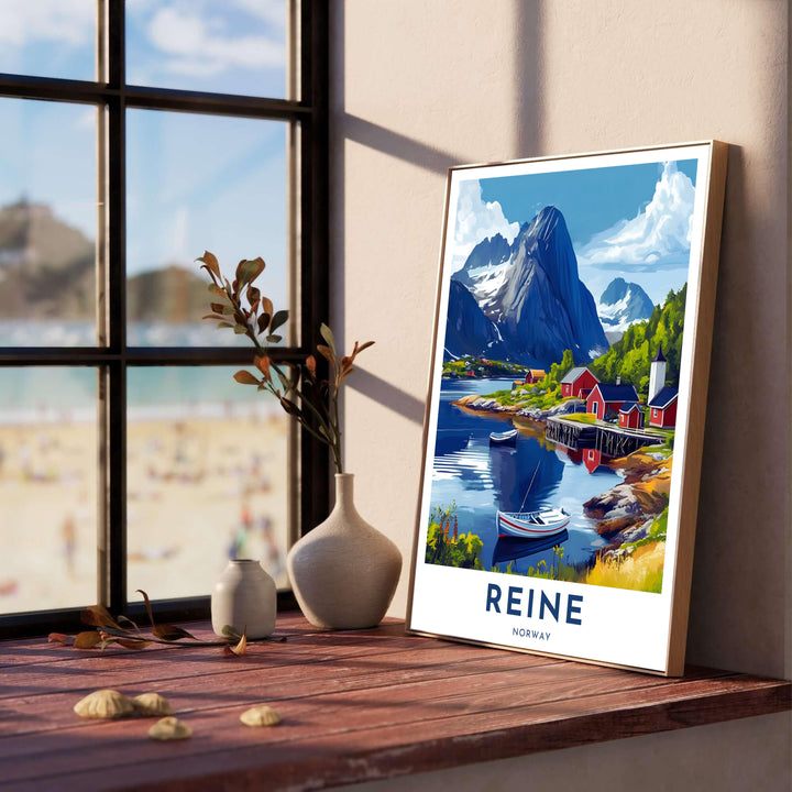 Landscape art print of Reine Norway featuring bright red rorbuer cabins, smooth water reflections, and dramatic alpine rock faces. Created for art enthusiasts, MapYourDreams delivers this travel illustration across multiple options including unframed paper prints, custom wood frames, and stretched canvas art.