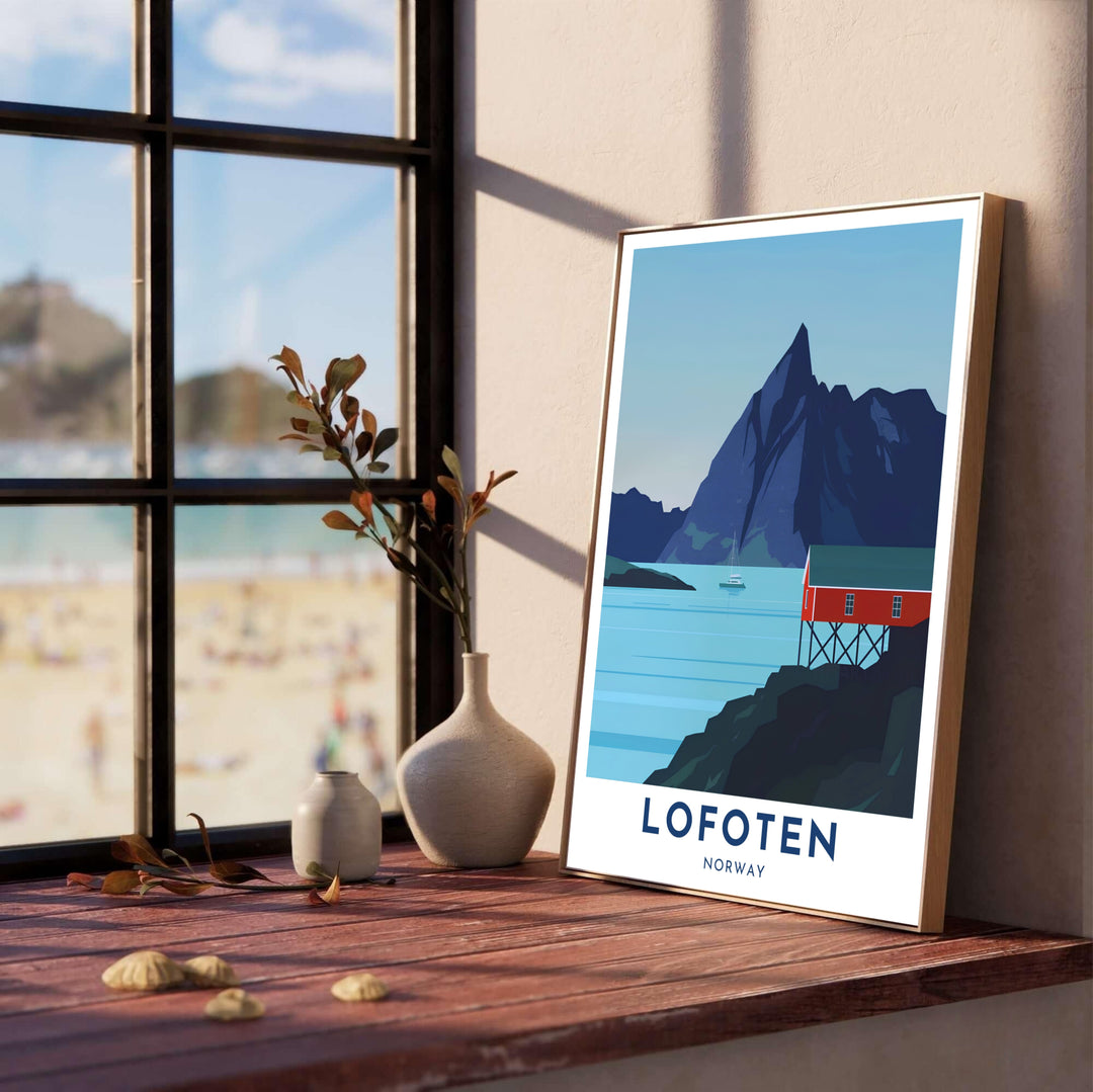 Minimalist coastal art print featuring a red rorbu cottage, smooth fjord water, and a sharp alpine peak in Lofoten Norway. Created for design enthusiasts, MapYourDreams delivers this vector artwork across multiple options including unframed paper prints, custom wood frames, and stretched canvas art.
