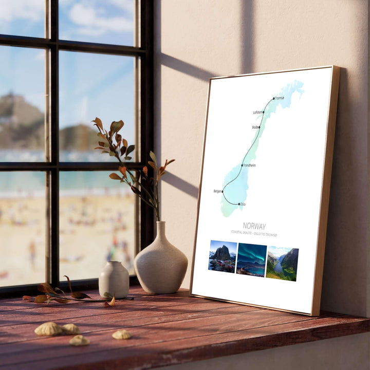 Scandinavian route map poster featuring the coastal connection from Oslo to Tromsø alongside scenic photos of Lofoten rorbuer huts and northern lights. Created by MapYourDreams, this fine art print is delivered across multiple options including unframed paper prints, custom wood frames, and canvas wall decor.